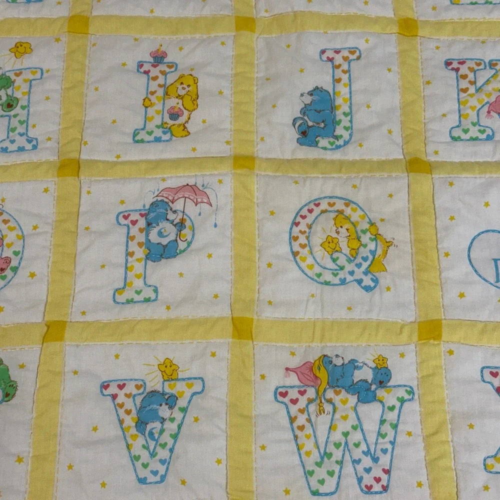 Vintage 80s Care Bears Alphabet Baby Quilt Blanket ABC Nursery Yellow 45x41